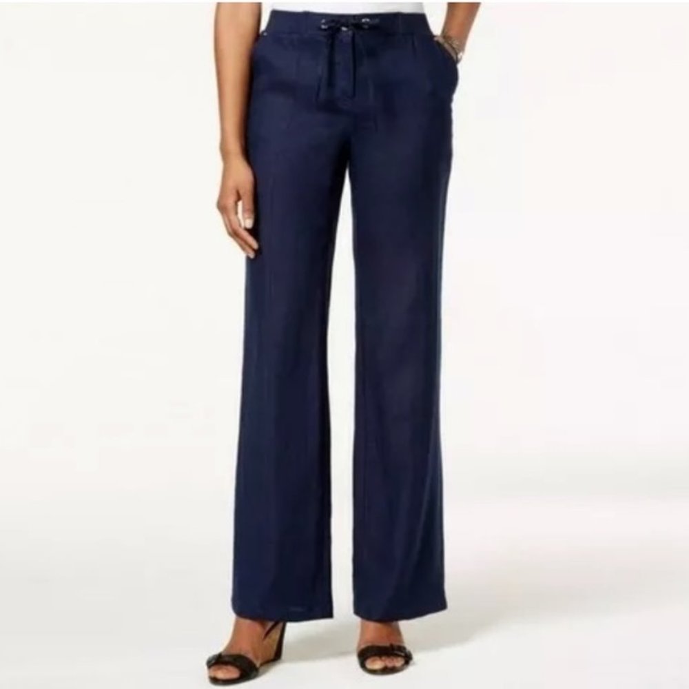 JM Collection Navy Linen Drawstring-Waist Pants